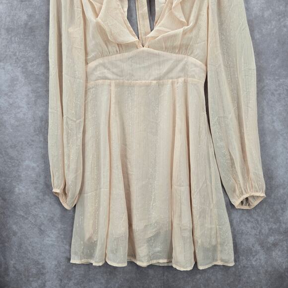 Lush Cream Long Sleeve Flare Ruffle Cutout Tie Cottage Fairy Dress Small - Picture 4 of 8